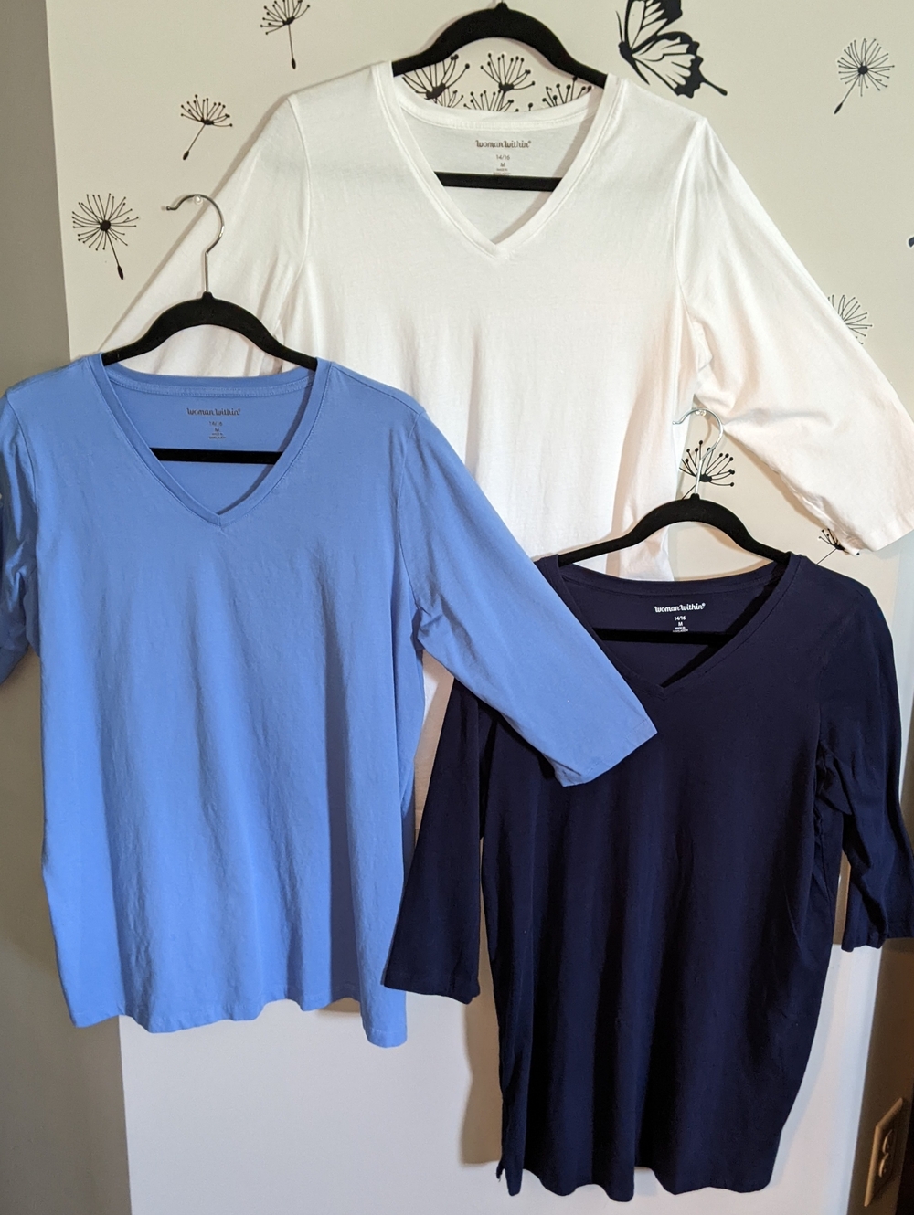 Woman Within V-Neck 3/4 Sleeve Tops - White, Purple, Navy